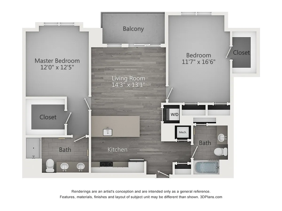 Floor plan Two Bedroom Two Bathroom (1137 SF)
