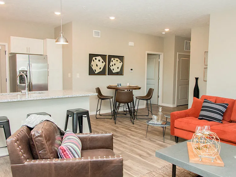 Host gatherings effortlessly with an open-concept living area and modern kitchen design.