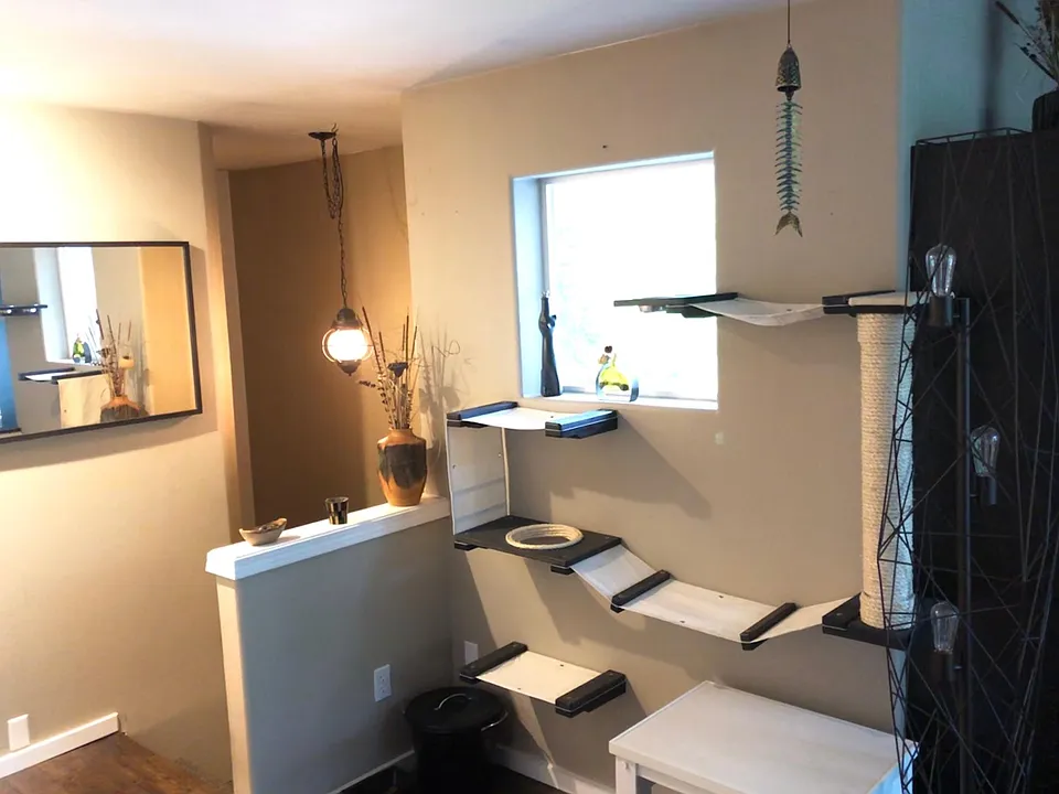 Wall-mounted kitty condo/tree and furniture litter box will be available for your cat's enjoyment.
