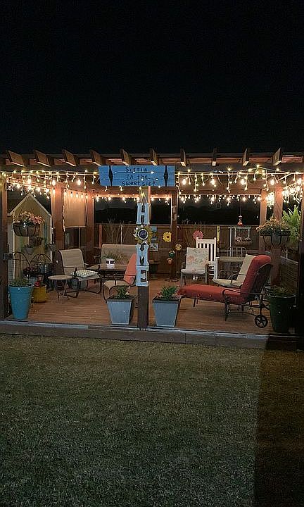Night time view of pergola.