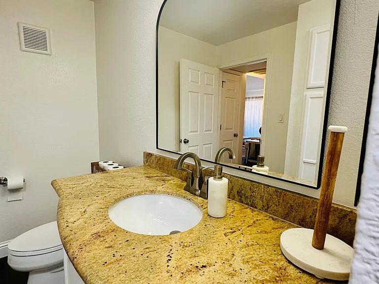 High end and expensive items, such as the mirror, lighting fixtures, and vanity!