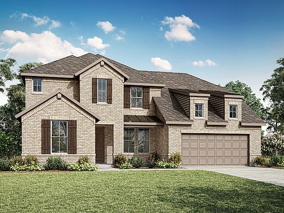 A two-story brick house with a garage, surrounded by a well-manicured lawn and lush trees against a