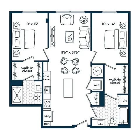 Floor plan Two Bedroom Two Bath (1010 SF)
