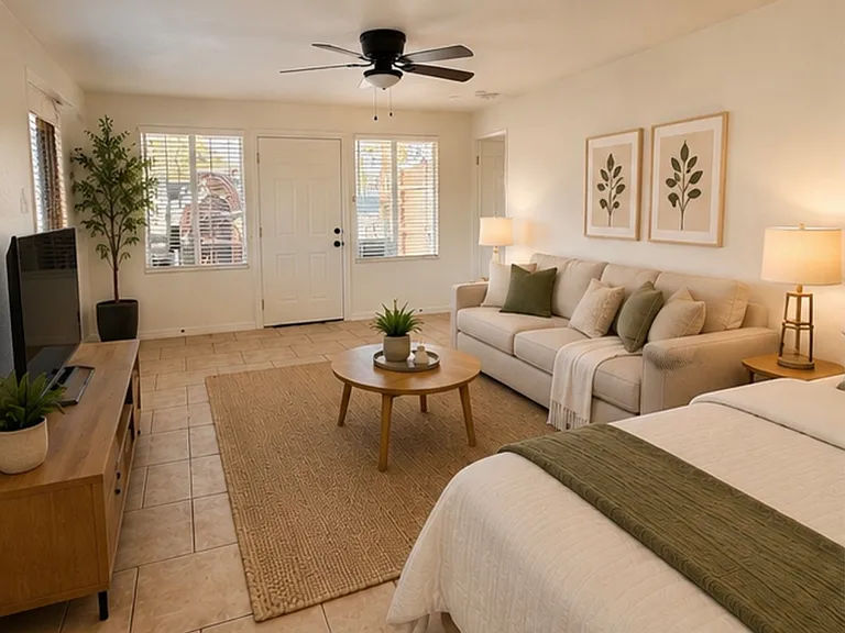 This is a virtual staging photo created with AI of living area (taken from the kitchen)