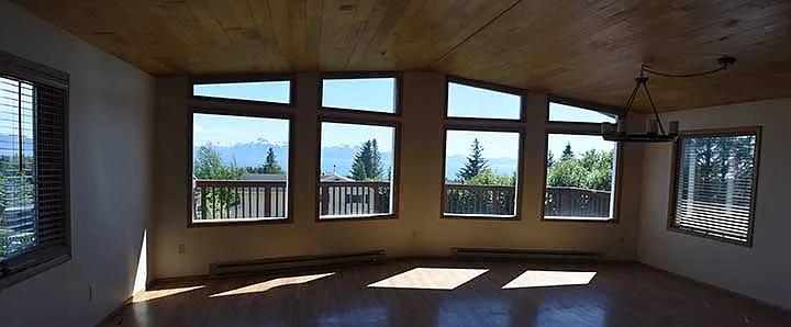 Upstairs living room looks out onto Kachemak Bay.
