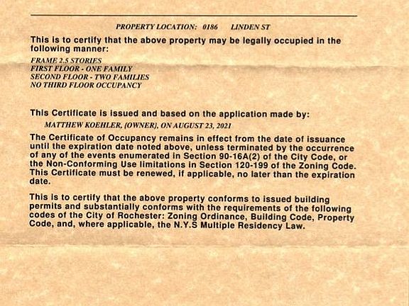 Our recent Certificate of Occupancy demonstrating we're consistent with city codes. Expires 10/1/2025.