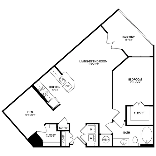 Floor plan 1 Bedroom + Den, 1 Bath 1023 SF B6