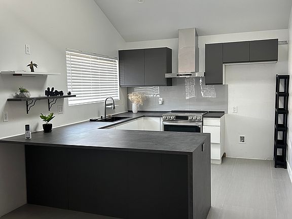 Completely NEW kitchen with stain and steel appliances, includes: stove, deep sink with detachable faucet, kitchen hood, hidden cabbinets for storage & sun tunnel on roof for natural light. 

*does not include fridge*