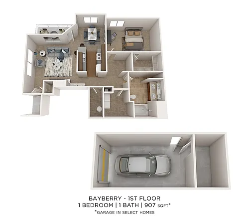 Floor plan Bayberry - 1 Bedroom 1 Bath 907 SqFt