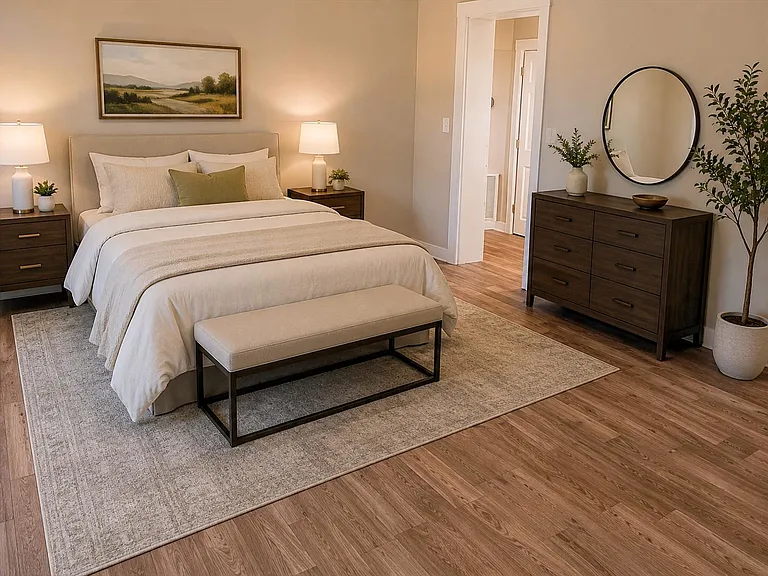 Master bedroom fits a queen or a king bed.