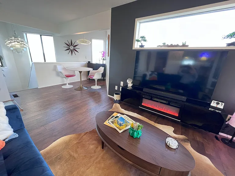 Electric fireplace and new 65" SmartTV
