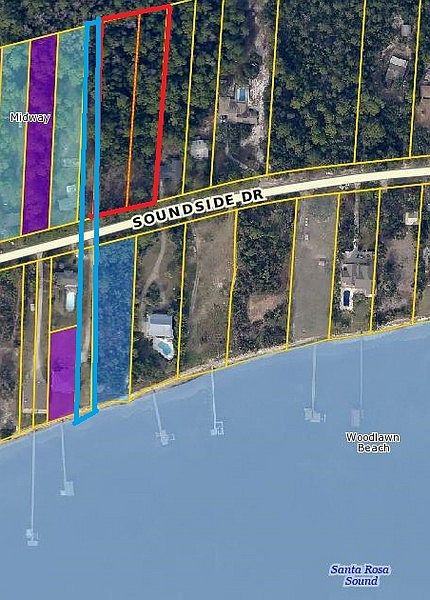 Plat
						:
						Lots outlined in red. County access to Santa Rosa Sound outlined in blue.
