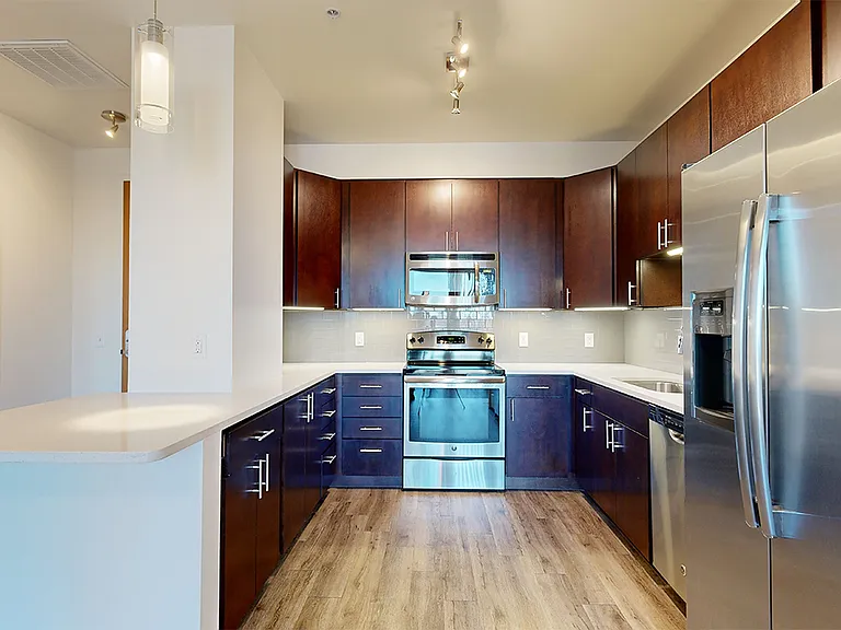 Apartment kitchen with stainless steel appliances, quartz countertops and wood-style flooring.