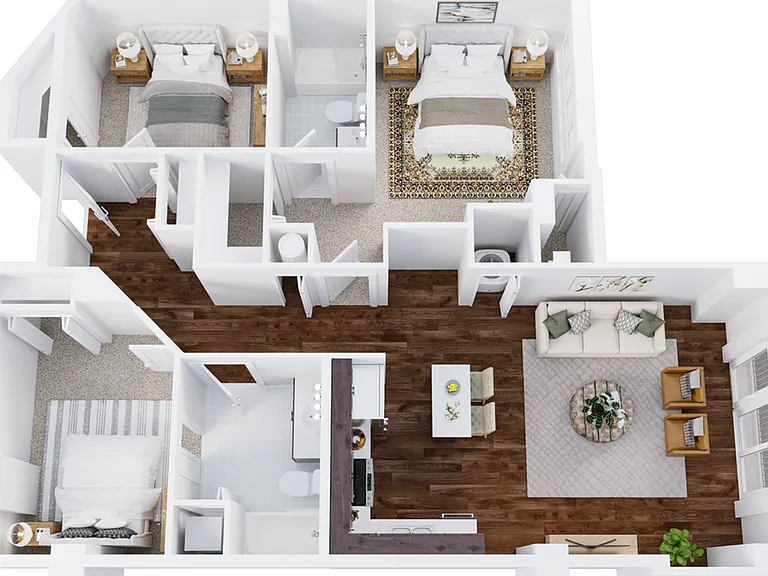 Three-Bedroom, Two-Bathroom Floor Plan Rendering Three-Bedroom, Two-Bathroom Floor Plan Rendering