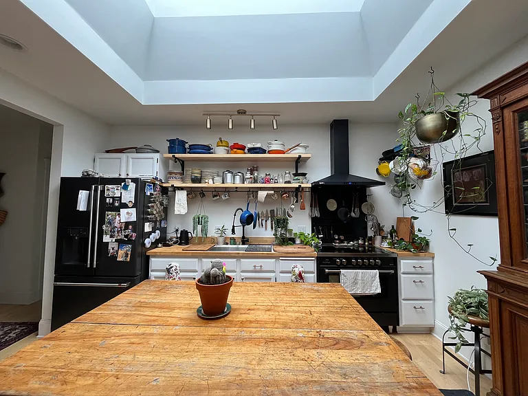 Simple kitchen with fancy appliances - a 36" fridge and a 36" convection oven/induction stove.