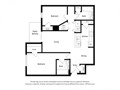 Floor plan Two Bedroom IIB Apartment (Income-Restricted)