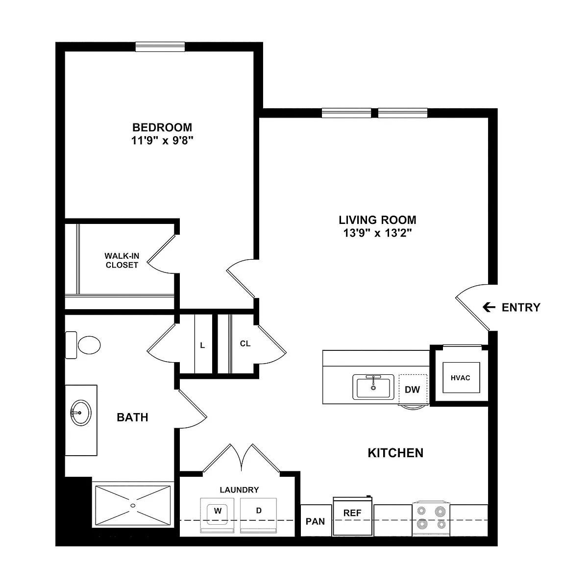 Floor plan Income-Restricted One Bedroom (60% AMI)