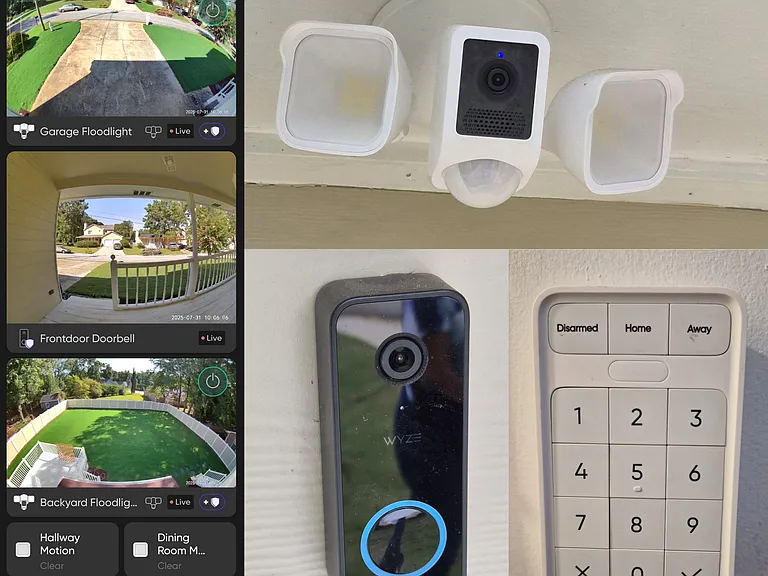 Wyze Security system with 3 motion sensing cameras (Front Lawn, Front Door and Backyard), indoor motion/door sensors