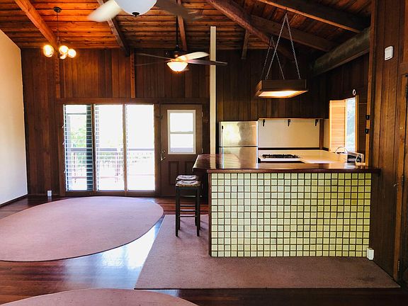 View from living room to kitchen and dining area