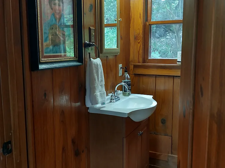 Half bath downstairs with lavatory, commode, and broom closet