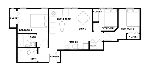 Floor plan Low Rise Apartment 3 Bed 2 Bath 2