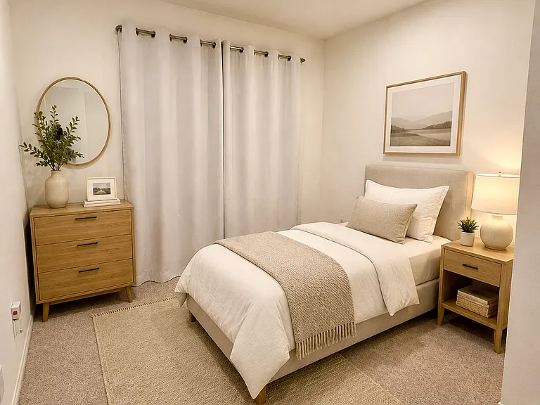 Bedroom 1. Furnished photos are virtually staged for reference. No furnishings are included with lease.