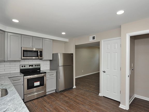 View of the kitchen, HVAC and closet from the back door entrance