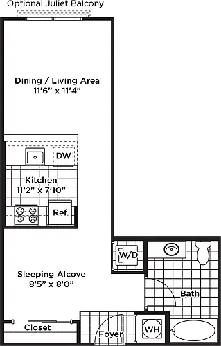 Floor plan Studio 1 Bath - S2A