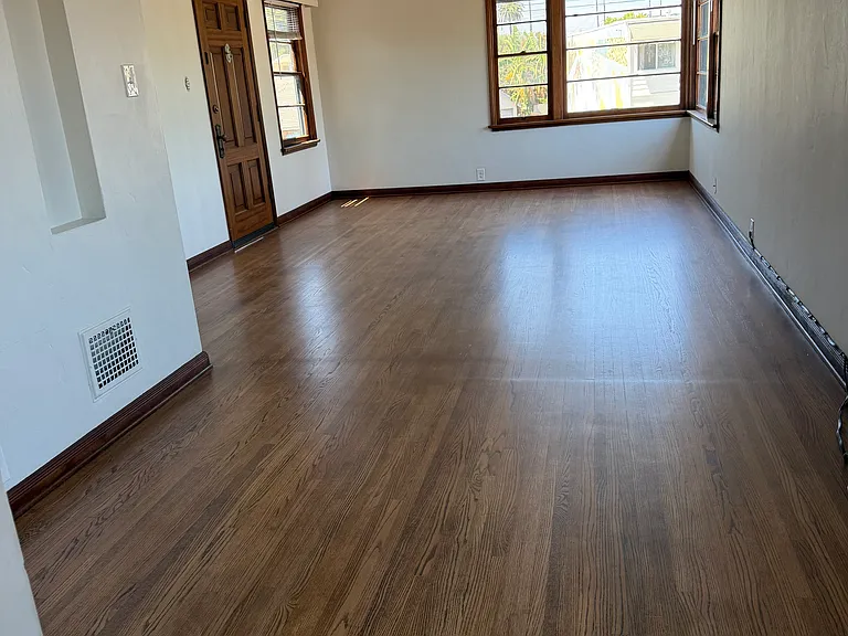 View from kitchen of dining area and living room
