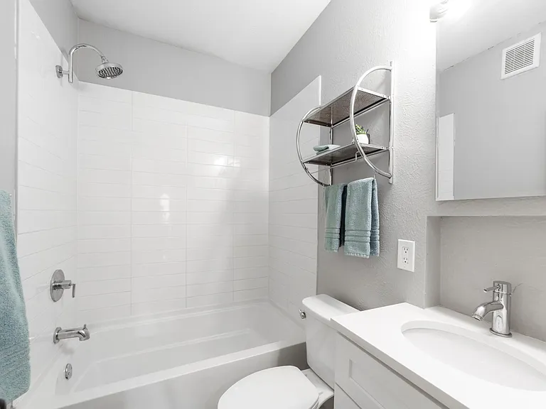 Full bath with tall shower head and updated fixtures