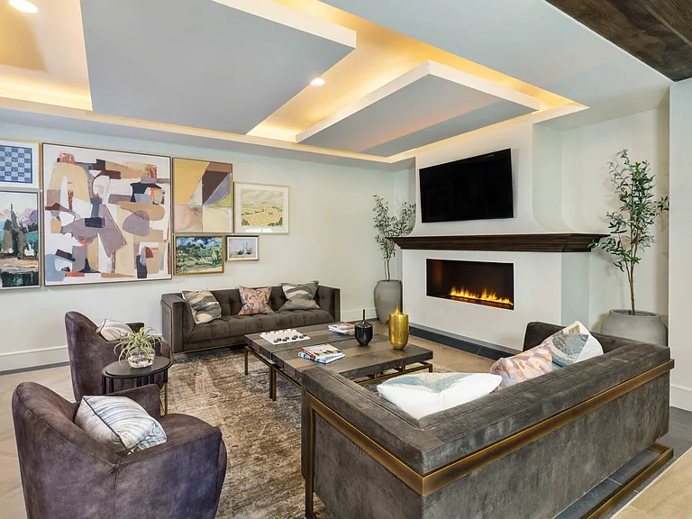 Beautifully-designed resident lounge with fireplace
