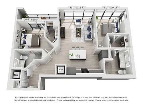 Floor plan Two Bedroom Two Bath Penthouse (1,034 SF)