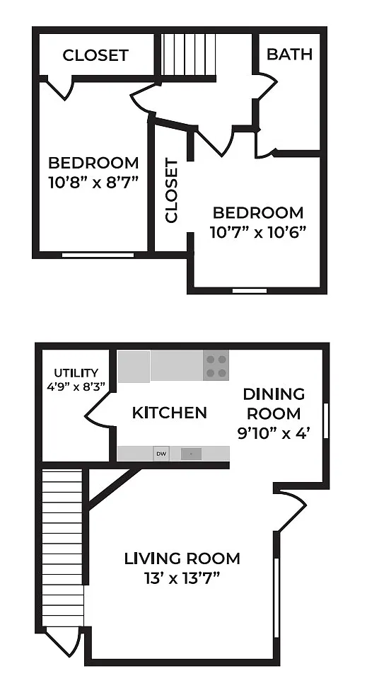 Floor plan 2 Bed, 1 Bath Townhome