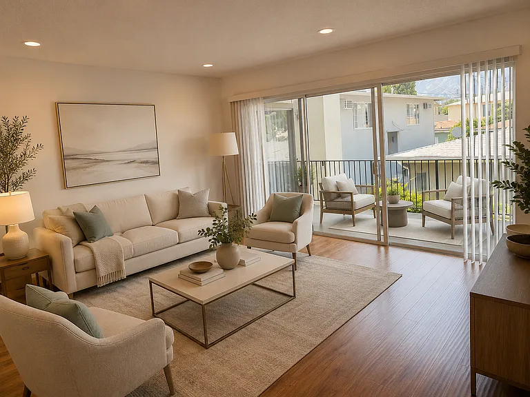 Large living room with large balcony that serves as another room outside@