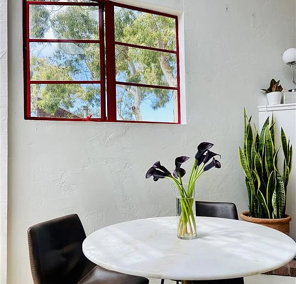 Sunny dining area framed by large windows and greenery