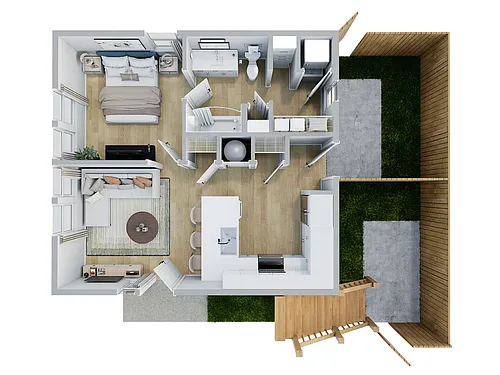 Floor plan 1br Stacked Duplex - Ground Floor