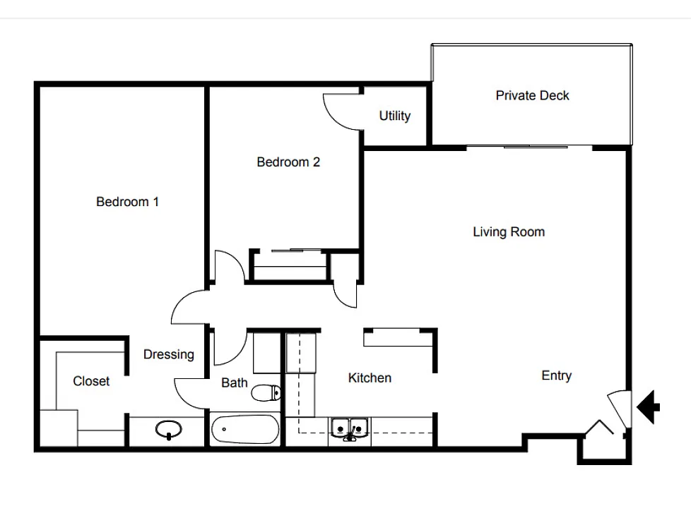 Floor plan 2 Bed 1 Bath Incl WiFi and TV App August