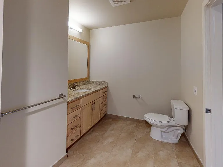Apartment bathroom with wood-style flooring.