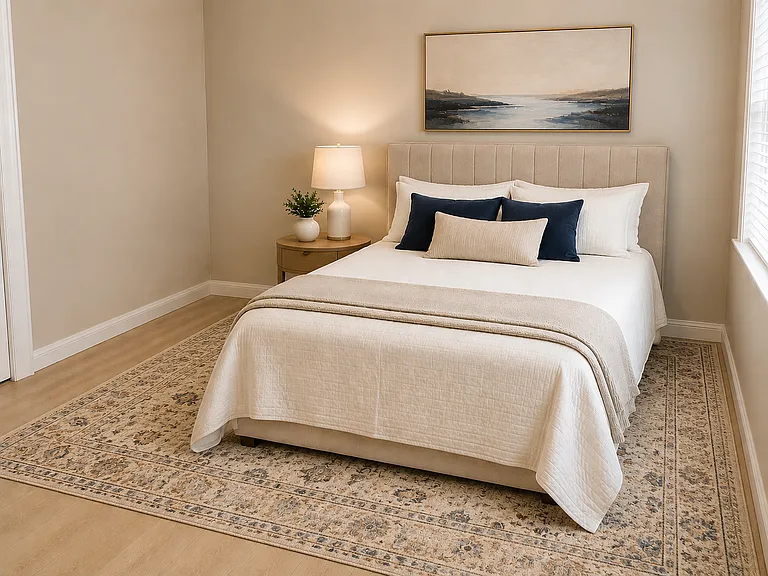 Bedroom at the back of the house across from half bath for pool
