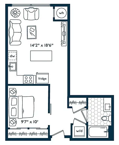 Floor plan Urban One Bedroom One Bath (590 SF)