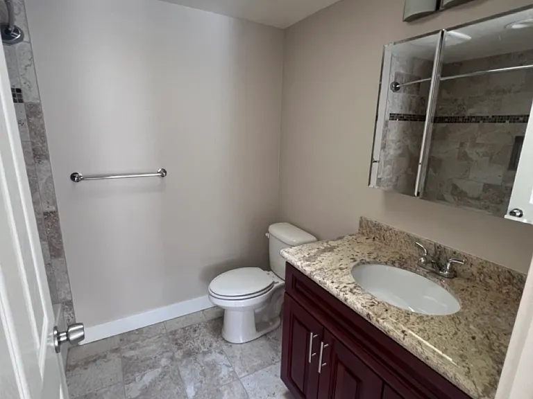 Large primary bath ensuite featuring natural light via skylight.