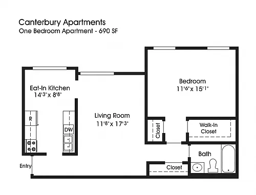 Floor plan 1BR 1BA (690sf)