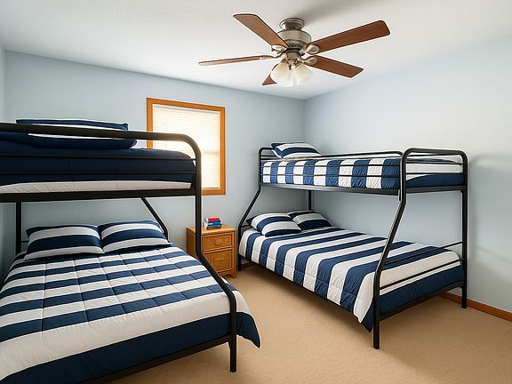 Fun bunk bedroom setup, perfect for kids, guests, or group stays.