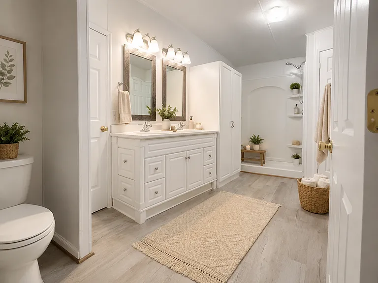 **The spacious primary bedroom features a large walk-in closet and offers convenient access to both the living room and the private en-suite bathroom.**