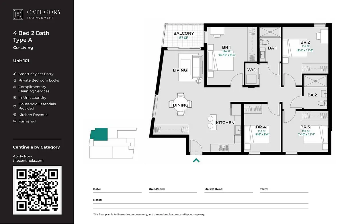Floor plan Private Bedroom in Shared 4 Bed 2 Bath - A