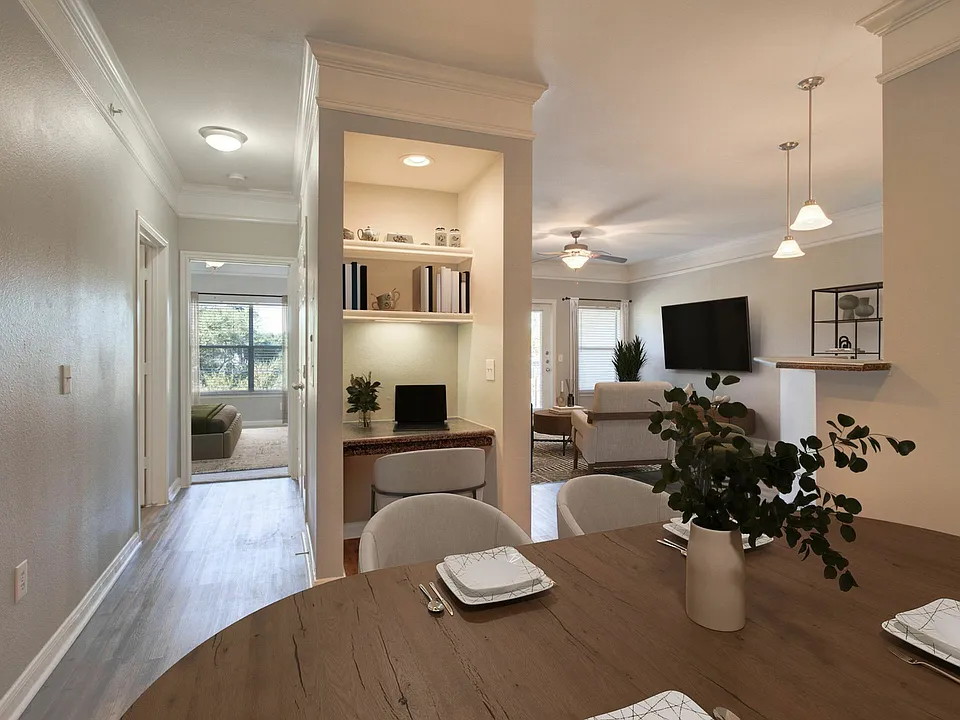 Open Floor Plan Living Area with Built-In Desk