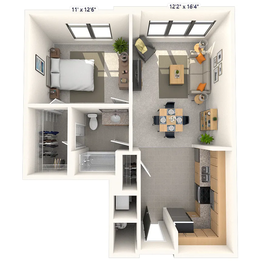 Floor plan Traditional 1x1 638-689 SF