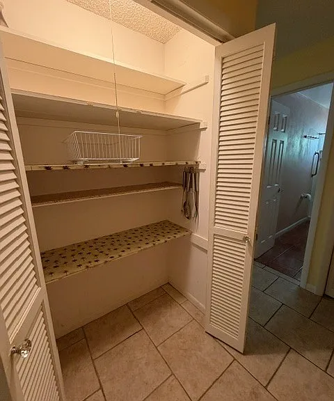 Large well-lit pantry near kitchen. There is also a large linen closet outside the guest bathroom. Additional large closet space for storing vacuum cleaners and other items is in a closet with the air handler.