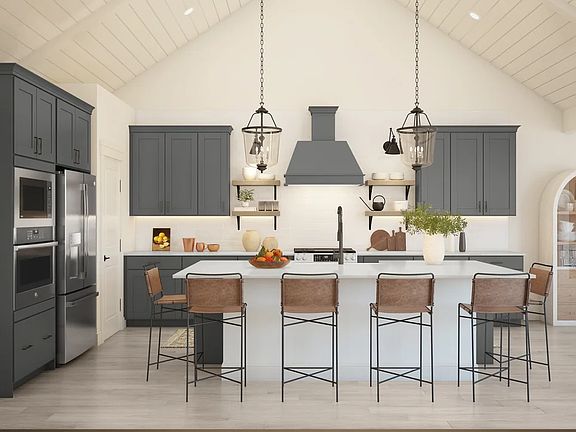 Kitchen with vaulted ceiling, shiplap detailing and floating shelves
