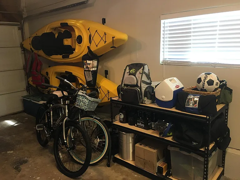 Garage with window to east side yard